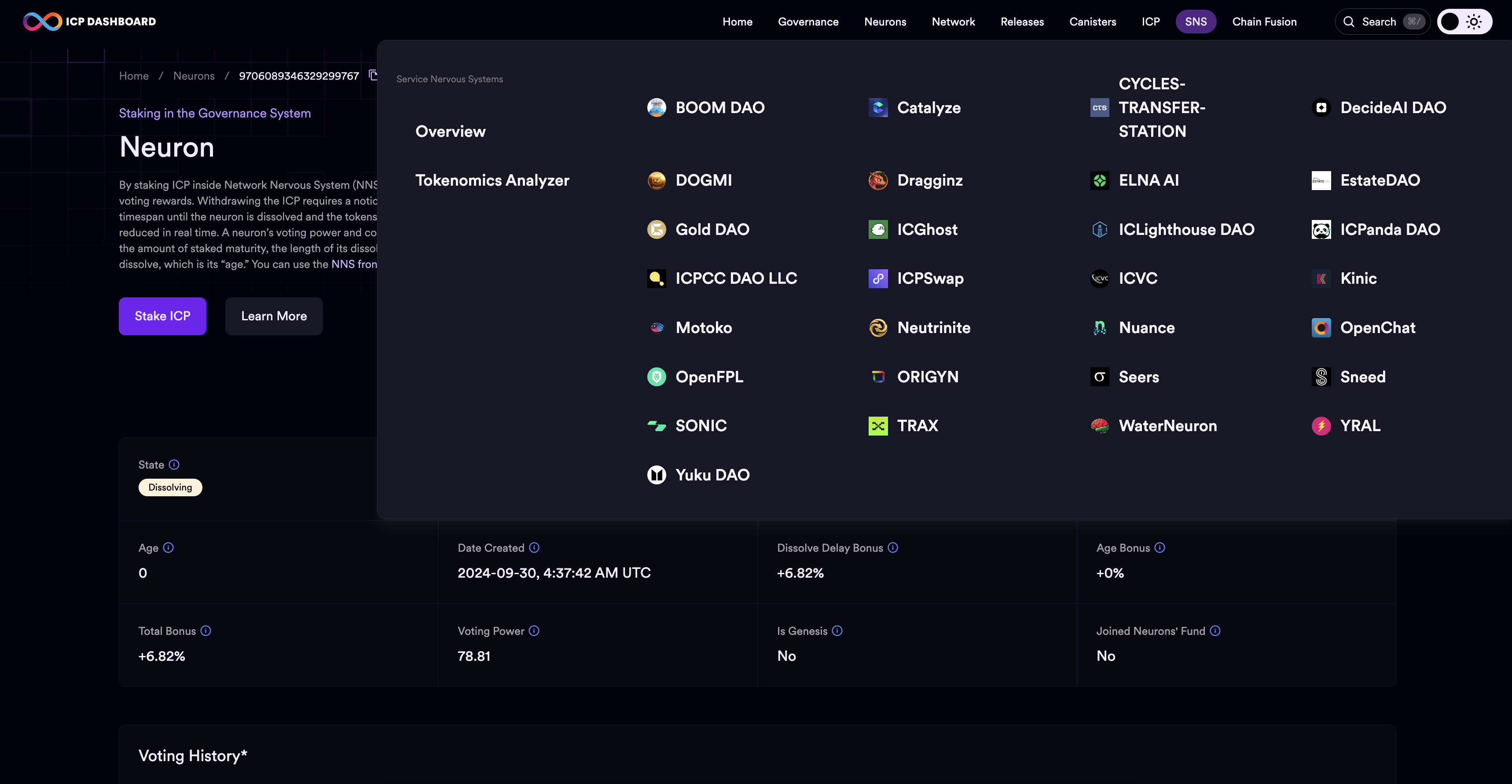 ICP dashboard SNS